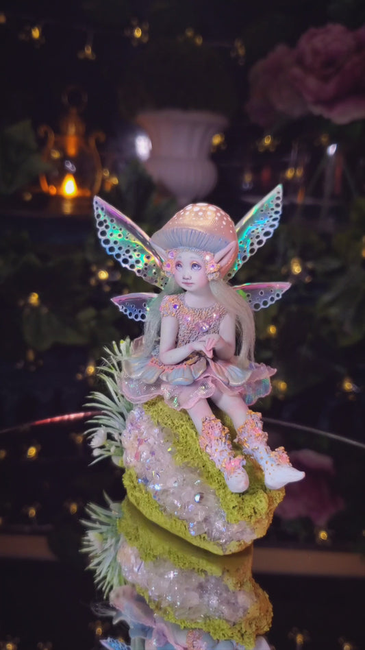 Pearl, An Iridescent Aura Quartz Mushroom Faery